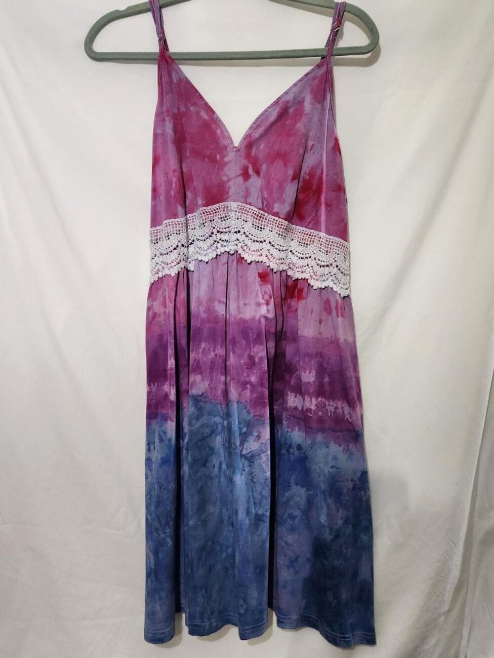 Hand Dyed Pink Purple Blue Midi Sundress XL Lace Trim Tie Dye Boho Dress